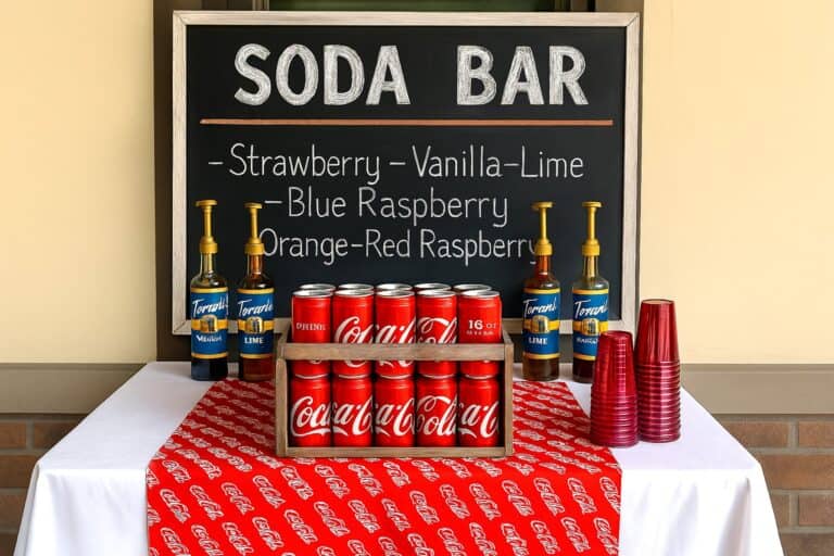 Outdoor boys’ graduation party soda bar with Coca-Cola crate, chalkboard sign, red cups, and classic drink syrups – fun and budget-friendly DIY party idea for High School, and College Grad guys.
