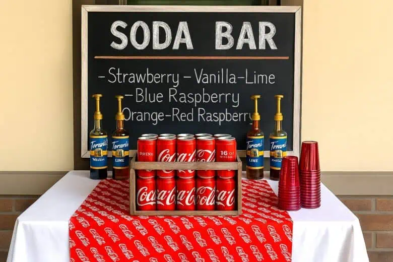 Outdoor boys’ graduation party soda bar with Coca-Cola crate, chalkboard sign, red cups, and classic drink syrups – fun and budget-friendly DIY party idea for High School, and College Grad guys.