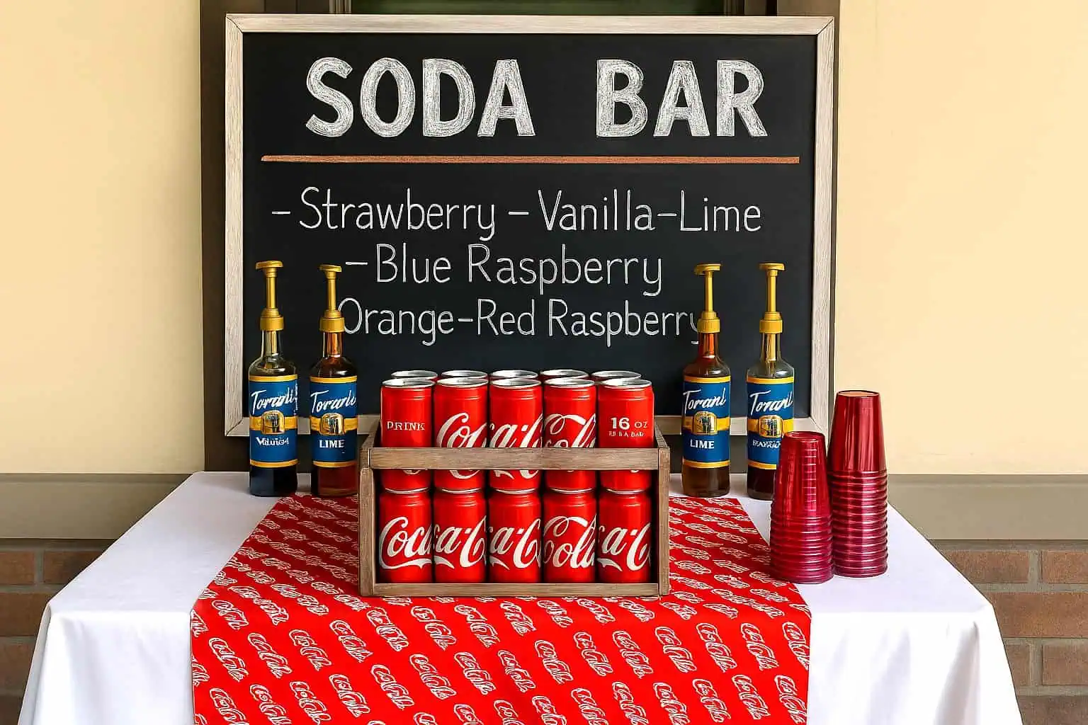 Outdoor boys’ graduation party soda bar with Coca-Cola crate, chalkboard sign, red cups, and classic drink syrups – fun and budget-friendly DIY party idea for High School, and College Grad guys.