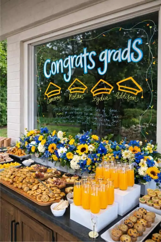 Outdoor graduation party food table with blue and yellow floral arrangements, pastries, appetizers, orange juice glasses, and “Congrats Grads” window sign backdrop