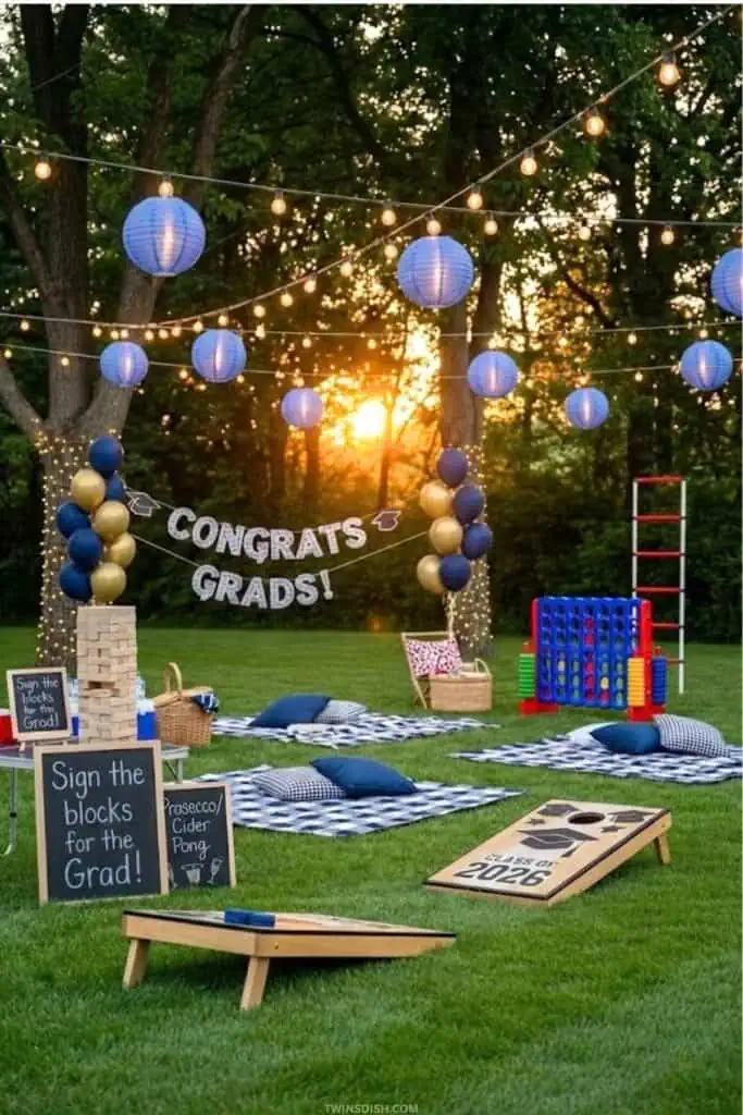 Simple backyard graduation party for boys with outdoor lawn games, string lights, navy and gold decorations, and casual seating for an at-home celebration.