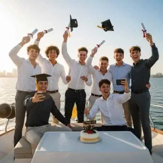 Group of male graduates celebrating on a boat with diplomas and graduation caps at a graduation party for the Class of 2026.