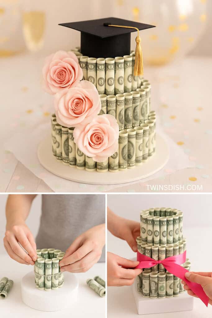 How to make a Graduation Money Cake gift for girls and boys with flowers and a grad cap.