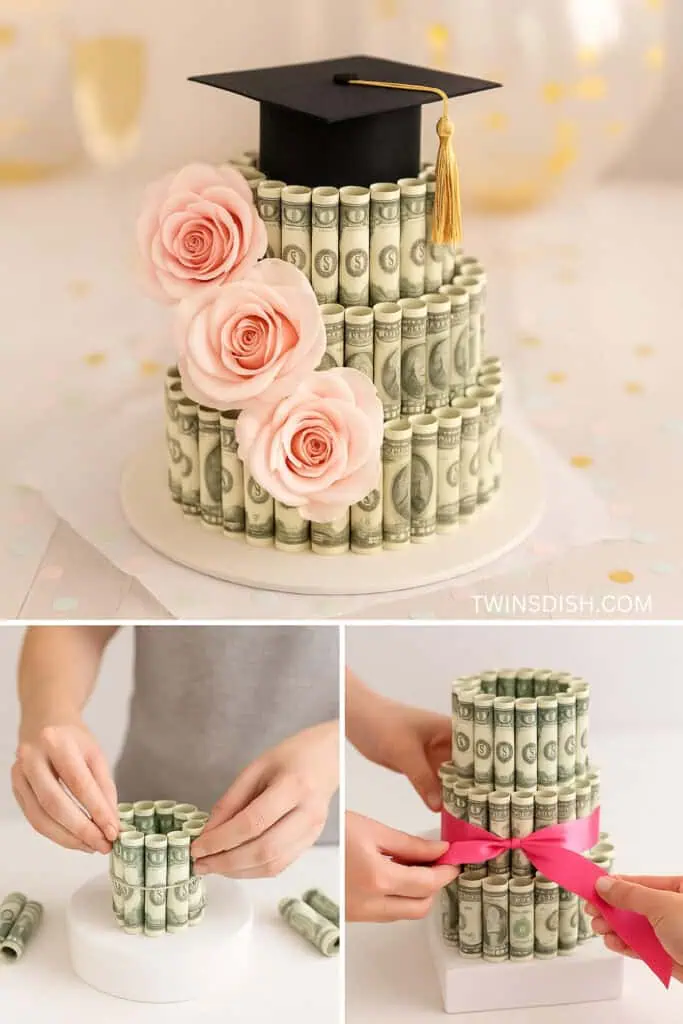 How to make a Graduation Money Cake gift for girls and boys with flowers and a grad cap. 