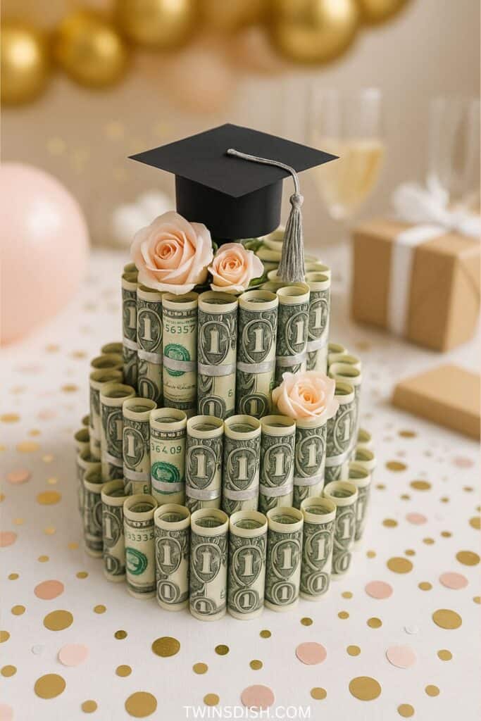 DIY Graduation Gift 3 tier Cake made out of money with a cap and 3 peach colored roses on it with a Grad cap at the top for a Graduation money gift idea for boys and girls this year