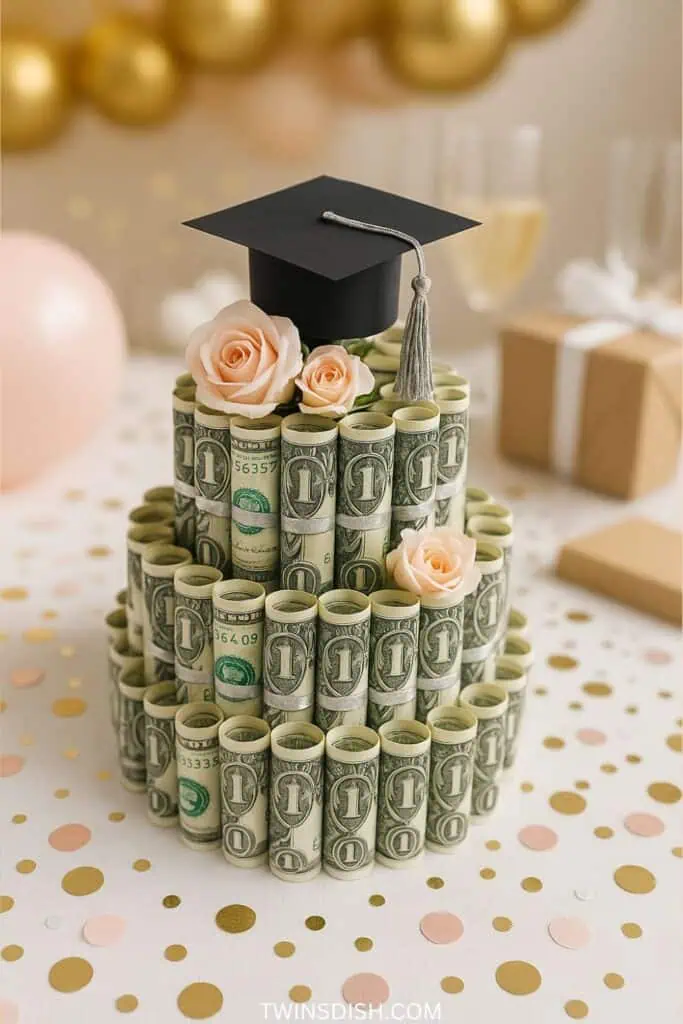 DIY Graduation Gift 3 tier Cake made out of money with a cap and 3 peach colored roses on it with a Grad cap at the top for a Graduation money gift idea for boys and girls this year 