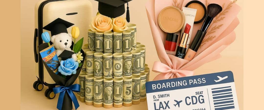 Stylish graduation gift ideas including a beige carry-on suitcase, tiered money cake with roses and grad cap, makeup bouquet with beauty products, and a travel boarding pass — perfect travel and DIY gifts for grads this year for Boys or Girls