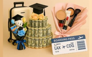 Stylish graduation gift ideas including a beige carry-on suitcase, tiered money cake with roses and grad cap, makeup bouquet with beauty products, and a travel boarding pass — perfect travel and DIY gifts for grads this year for Boys or Girls