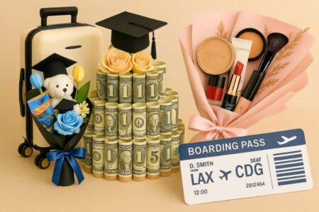 Stylish graduation gift ideas including a beige carry-on suitcase, tiered money cake with roses and grad cap, makeup bouquet with beauty products, and a travel boarding pass — perfect travel and DIY gifts for grads this year for Boys or Girls