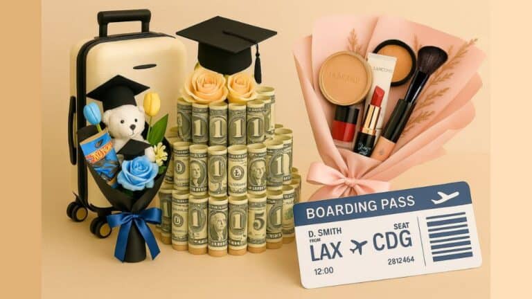Stylish graduation gift ideas including a beige carry-on suitcase, tiered money cake with roses and grad cap, makeup bouquet with beauty products, and a travel boarding pass — perfect travel and DIY gifts for grads this year for Boys or Girls