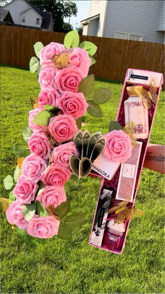 Unique DIY Graduation money Gifts Ideas Letter box bouquet with gifts and money pink for girls in High School or College