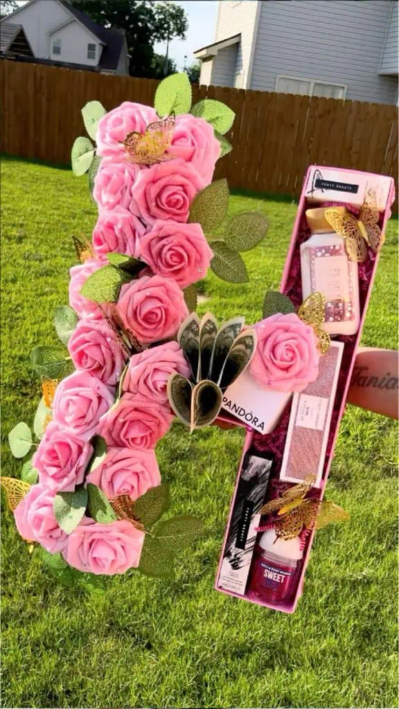Unique DIY Graduation money Gifts Ideas Letter box bouquet with gifts and money pink for girls in High School or College