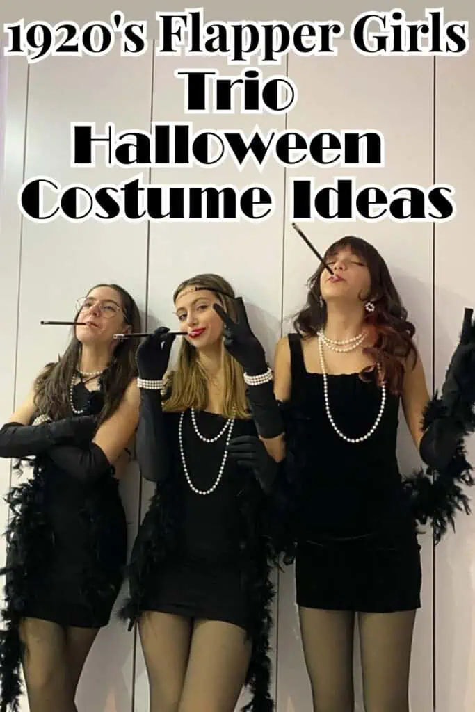 Three women dressed in matching 1920s flapper costumes with black dresses, long gloves, pearls, and feather boas, posing glamorously for a Halloween group costume photo.