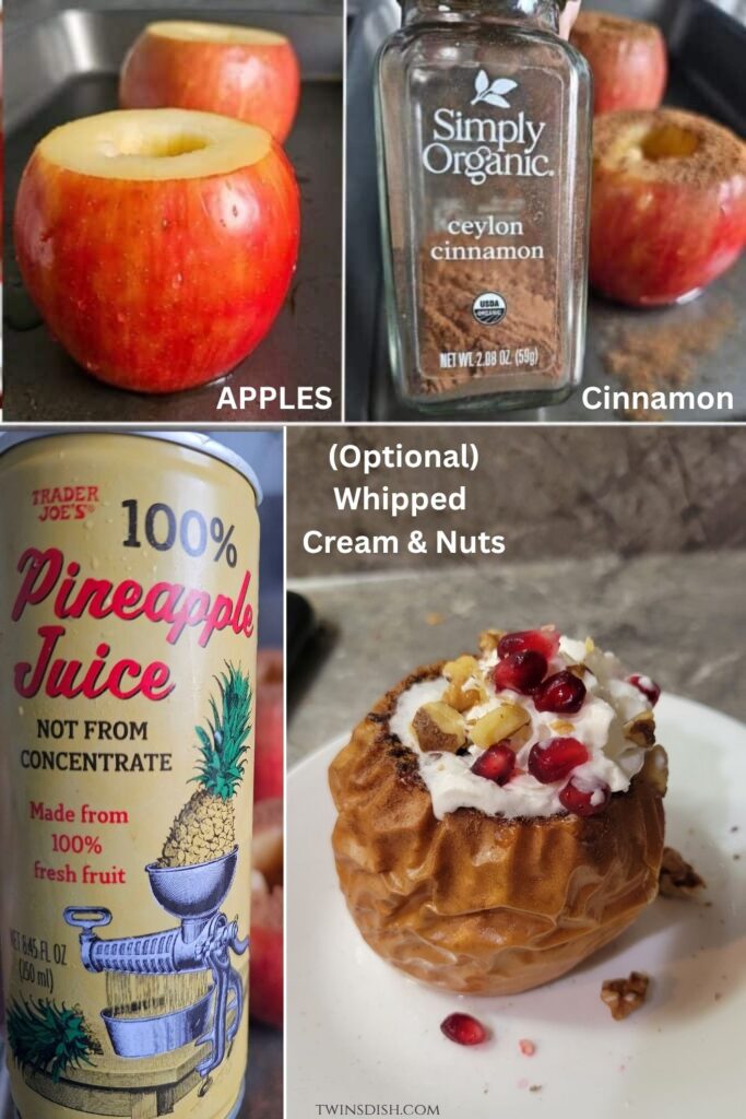 Healthy baked apple recipe made with apples, cinnamon and pineapple juice, topped with optional whipped cream, nuts and pomegranate seeds.