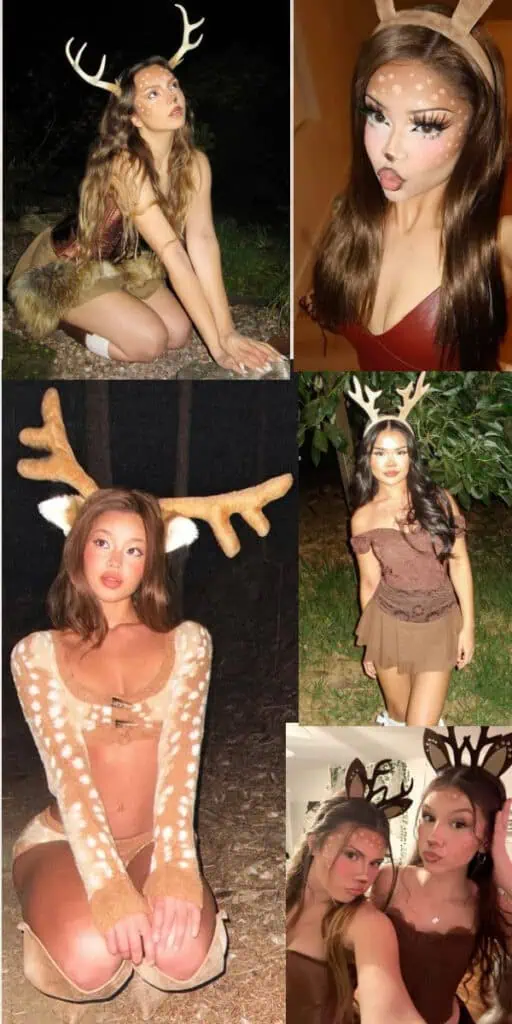 Deer Halloween costume ideas with antler headbands, brown dresses, furry details, and deer makeup with white spots.