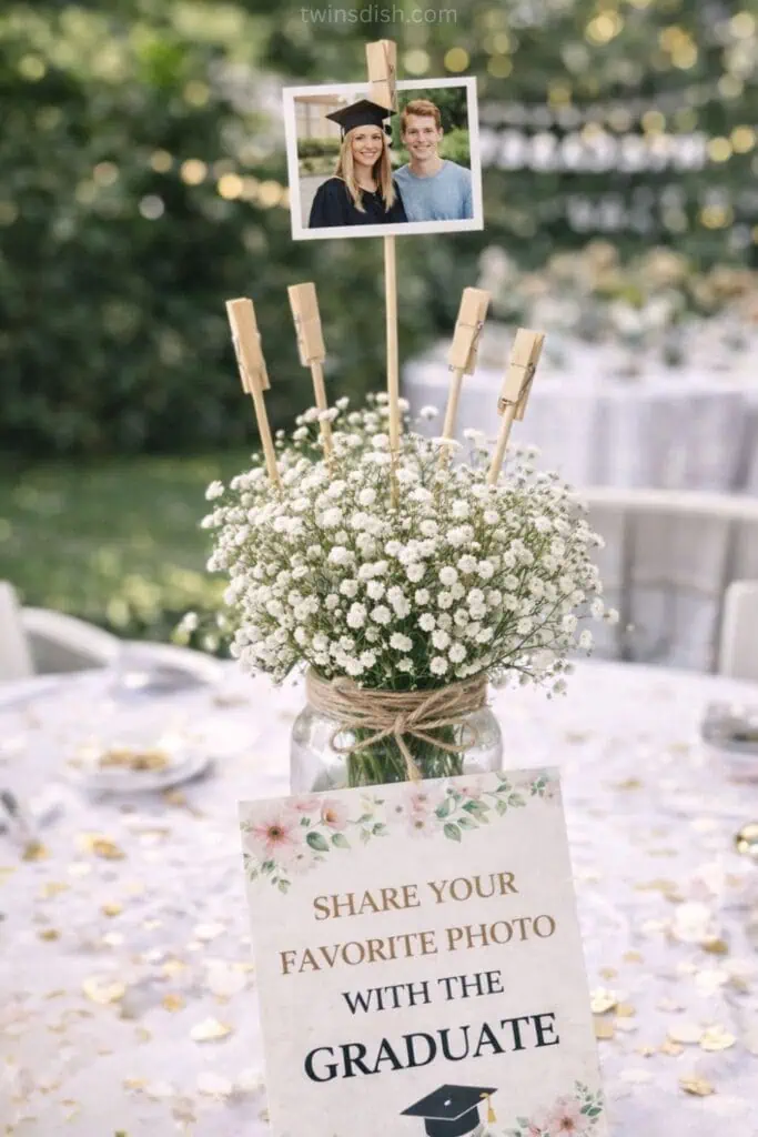 Graduation party centerpiece with mason jar of baby’s breath flowers and wooden clothespin photo holders, featuring a photo clipped at the top.