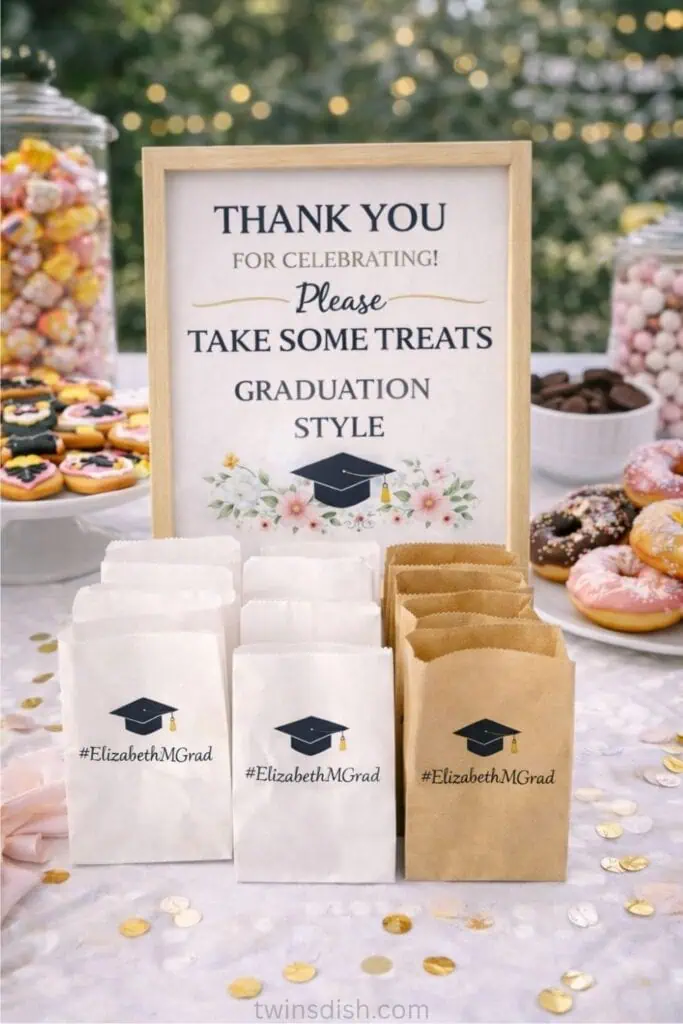 Graduation dessert bar with decorated cookies, donuts, candy jars, and personalized take-home treat bags labeled