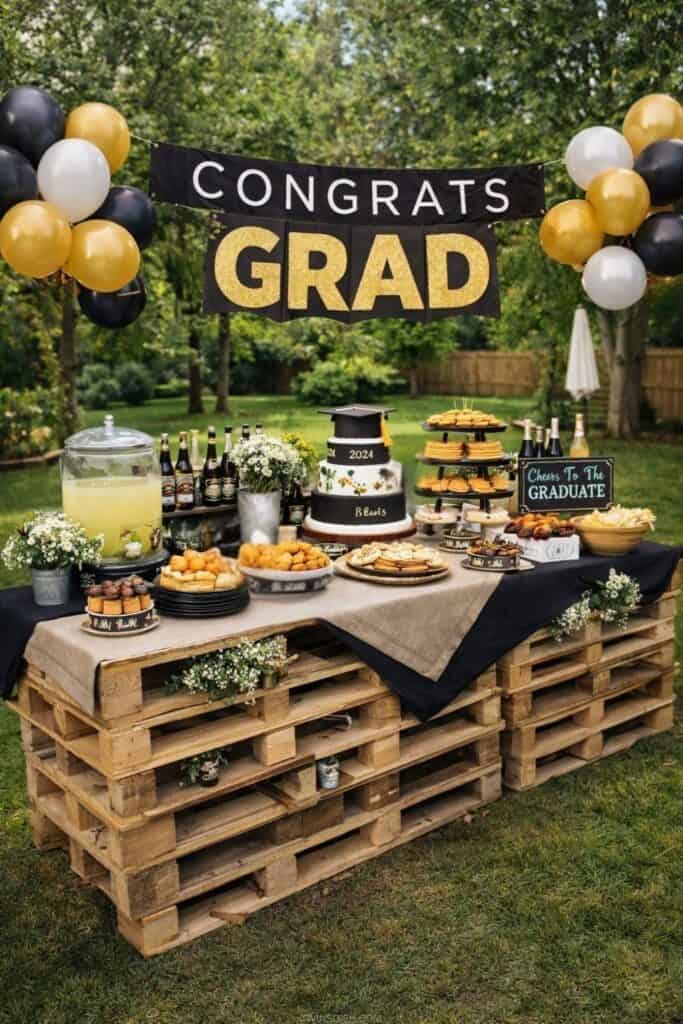 Backyard graduation party food table with rustic wooden pallet setup, black and gold decor, “Congrats Grad” banner, balloons, drinks, and desserts