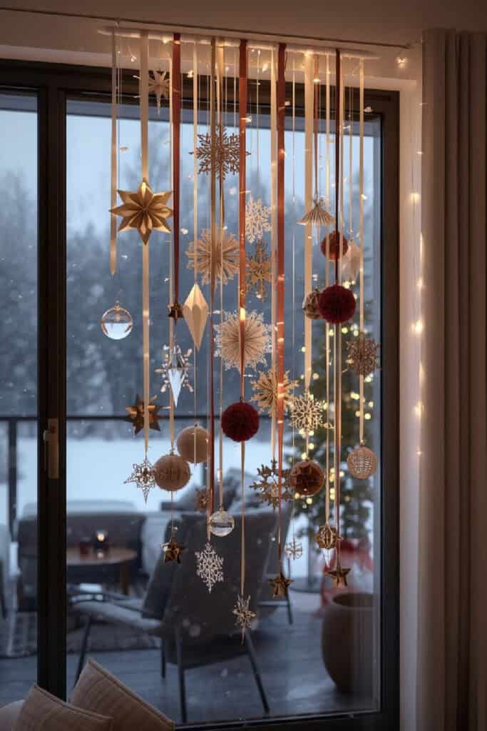 Elegant Christmas window decorations featuring hanging ornaments, snowflakes, and stars suspended from ribbons with warm fairy lights glowing softly. Snow falls outside the window, creating a cozy and festive holiday atmosphere perfect for winter home decor inspiration.