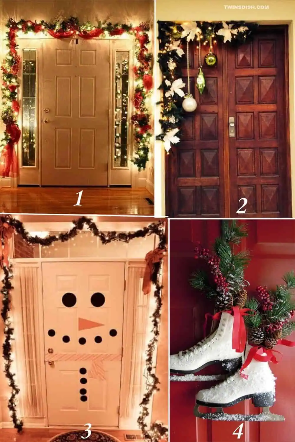 Collage of four festive DIY Christmas front door decorations including garland-wrapped entryway, ornament-adorned wood door, snowman door made with paper cutouts, and ice skate wreath with pinecones and berries.