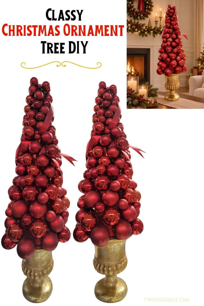 Classy DIY Christmas ornament tree made with red baubles and ribbon arranged in a cone shape on a gold pedestal urn.