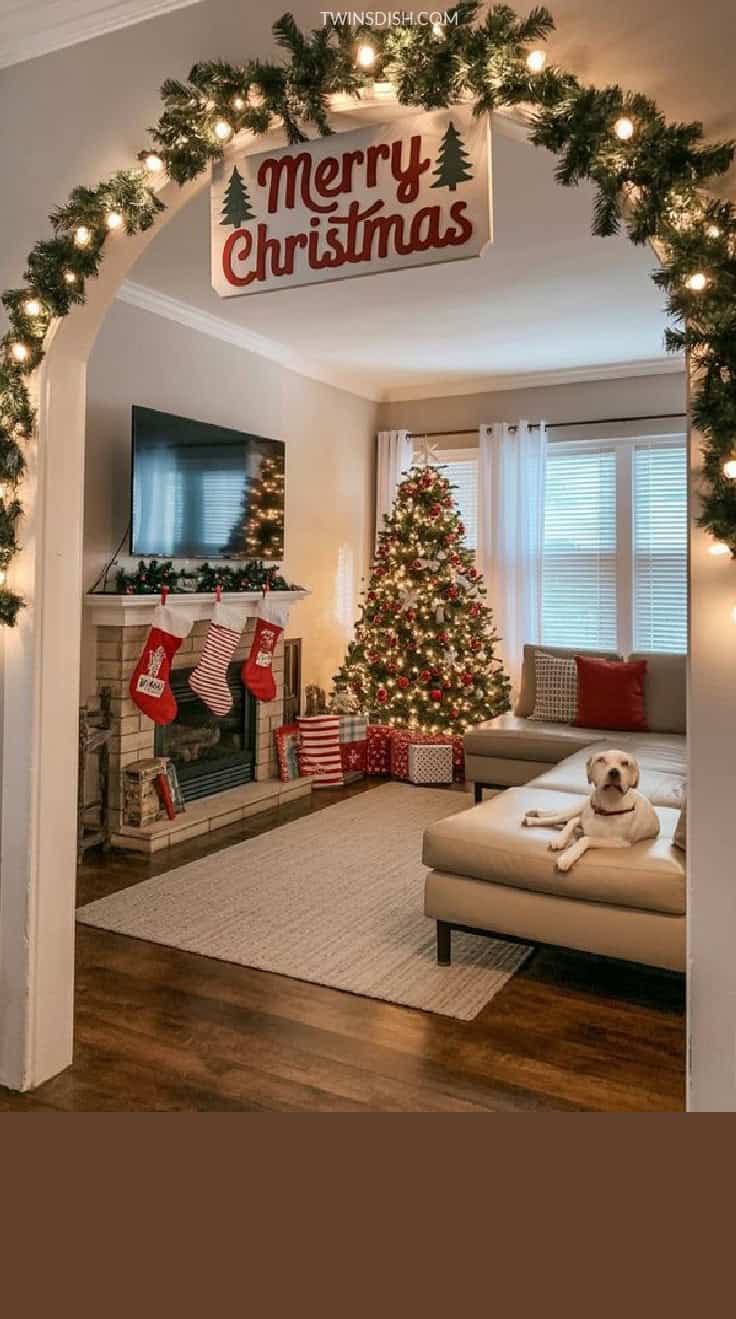 Cozy living room decorated for Christmas with a garland-wrapped archway, Merry Christmas sign, Christmas tree with lights and ornaments, stockings on the fireplace, wrapped gifts, and a dog on the couch.