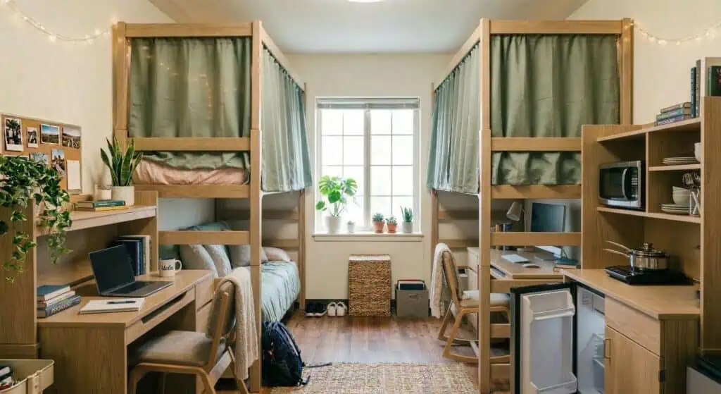 Shared college dorm room with lofted twin beds on opposite walls, green privacy curtains, desks underneath, and a center walkway with a window.
