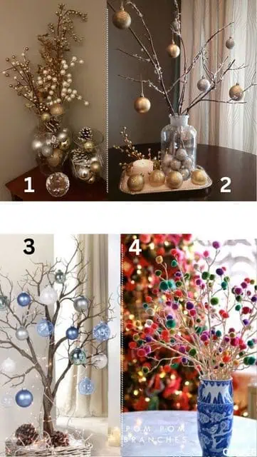 DIY Christmas vase decor using branches with ornaments, pom-poms, pinecones, and metallic accents for stylish holiday room decoration.