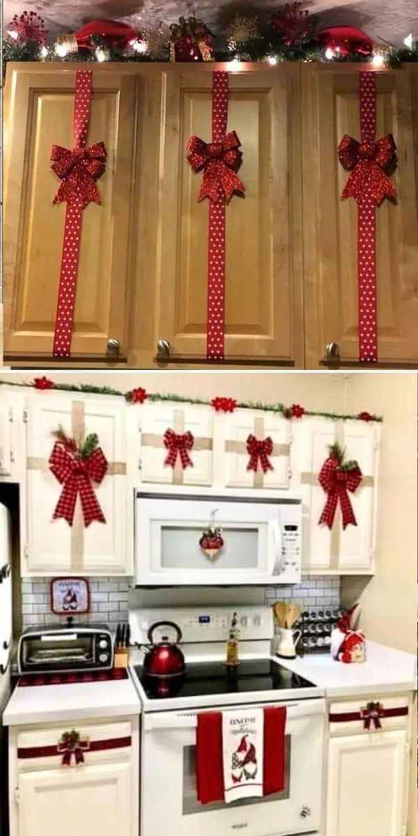 Red and white kitchen cabinets decorated for Christmas with festive bows and ribbons; DIY holiday cabinet door décor using gift wrap ribbon to create a wrapped present look.
