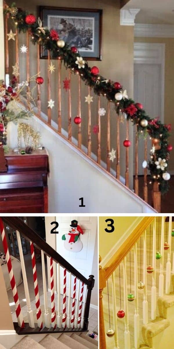 Three creative DIY Christmas staircase decorations, including candy cane-striped banister spindles, hanging ornaments with string, and a garland adorned with red and gold dollar store decorations.