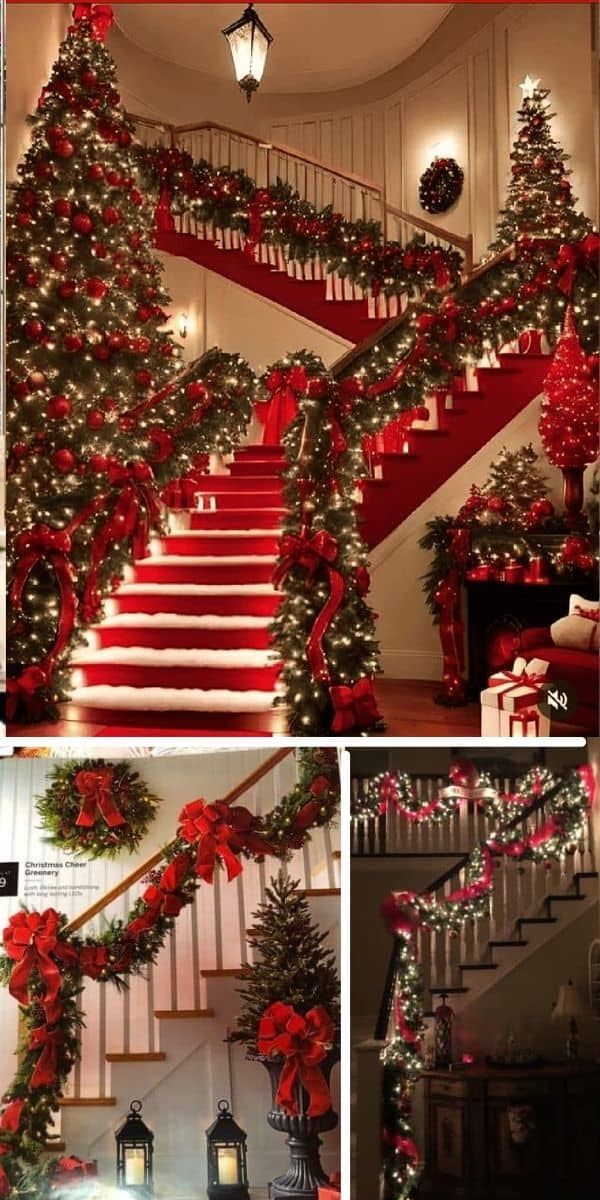 Three stunning Christmas staircase garland decor ideas featuring red ribbons, lush greenery, twinkling lights, and festive holiday touches like bows, wreaths, and lanterns.