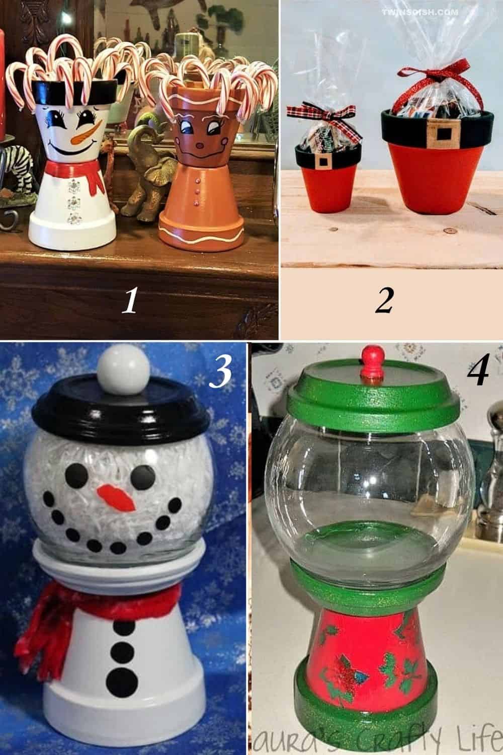 Festive DIY clay pot Christmas crafts including Santa gift pots, a snowman and gingerbread candy holder, and creative snowman candy jars made with glass bowls and painted terracotta. Perfect for holiday gifts, mantel decor, or handmade Christmas ideas.