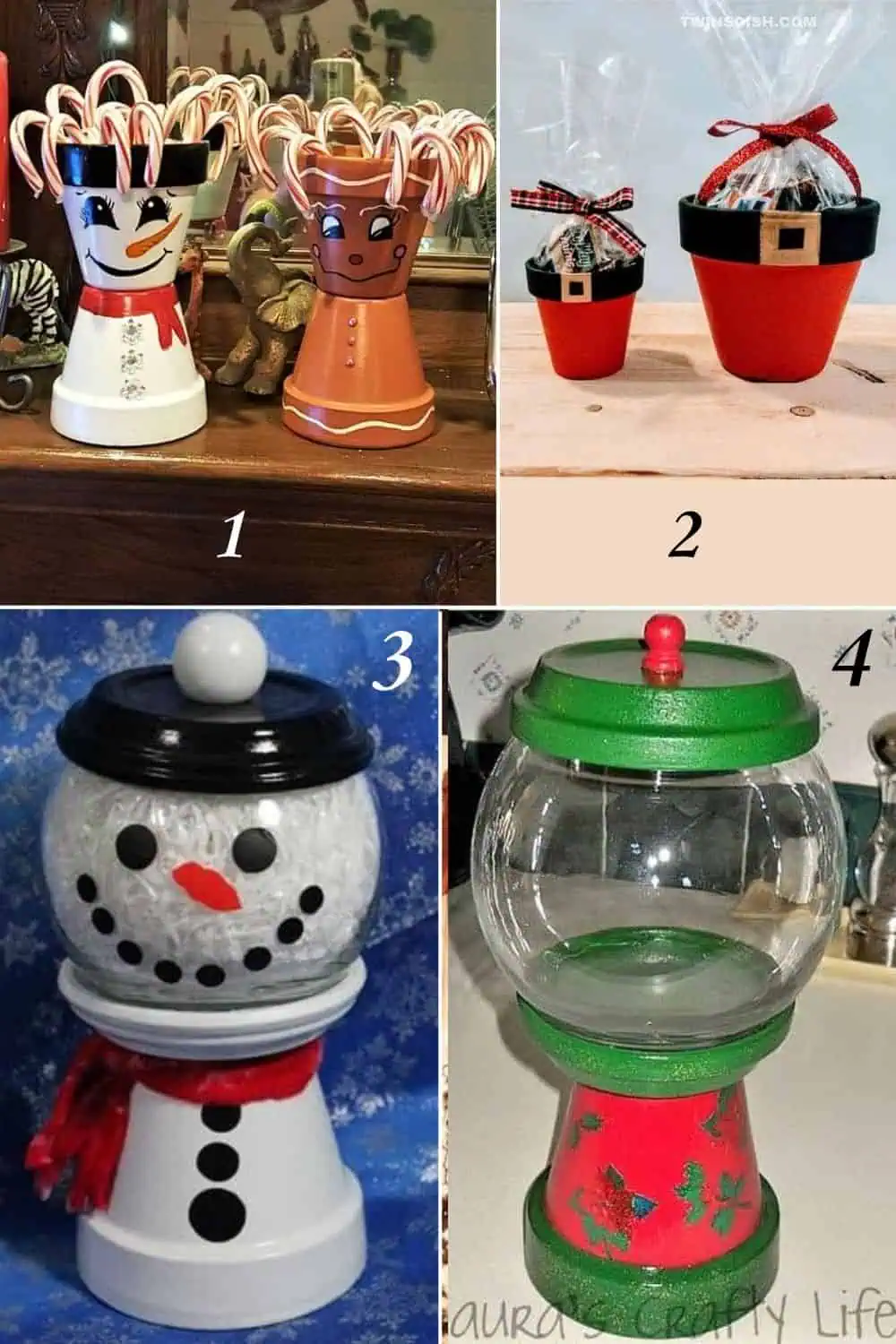 Festive DIY clay pot Christmas crafts including Santa gift pots, a snowman and gingerbread candy holder, and creative snowman candy jars made with glass bowls and painted terracotta. Perfect for holiday gifts, mantel decor, or handmade Christmas ideas.