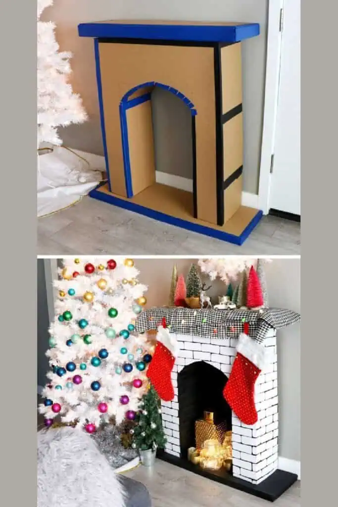 DIY cardboard fireplace before-and-after project showing a plain cardboard frame transformed into a painted faux brick Christmas fireplace decorated with stockings, Christmas trees, and lights.