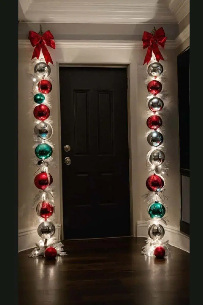 DIY Christmas doorframe decoration featuring oversized red, green, and silver ornaments, white lights, and frosted greenery, finished with large red bows at the top—elegant holiday entryway decor.