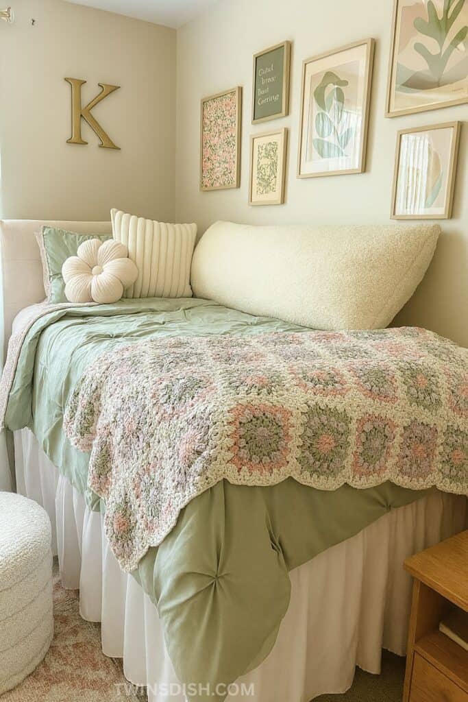 Cozy sage green and pink dorm room with a boho vintage vibe featuring a textured granny square crochet blanket, oversized ivory pillows, minimalist wall art, and soft natural lighting. A soft green duvet and blush accents create a peaceful, college bedroom setup.