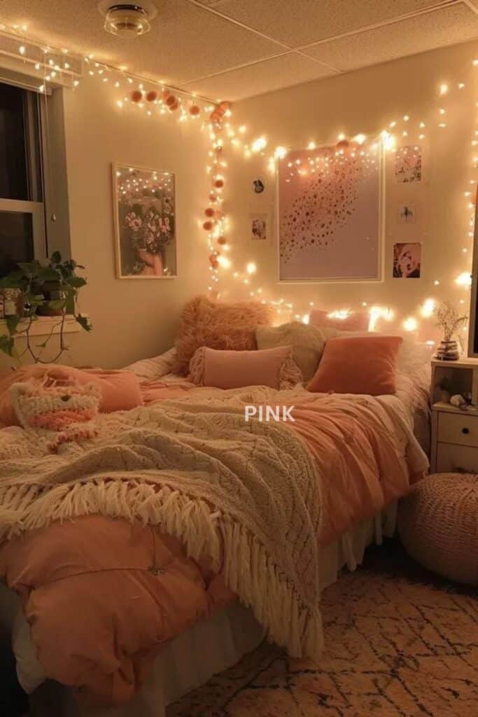 A cozy pink college dorm room with aesthetic fairy lights, fuzzy throw pillows, knit blankets, wall art, and warm ambient lighting. The soft pink bedding, layered textures, and string lights create a relaxing, small space vibe perfect for dorm decorating ideas.