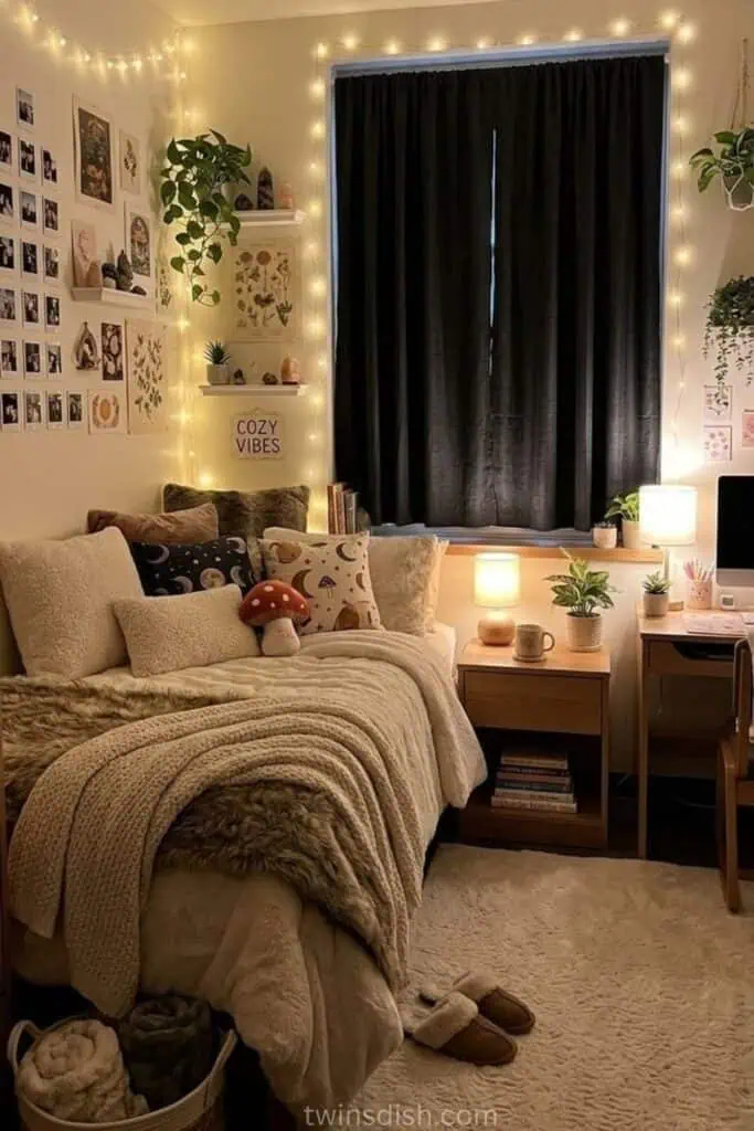Cozy college dorm room with blackout curtains, warm string lights, neutral bedding, plants, and aesthetic desk setup for 2026 dorm decor ideas.
