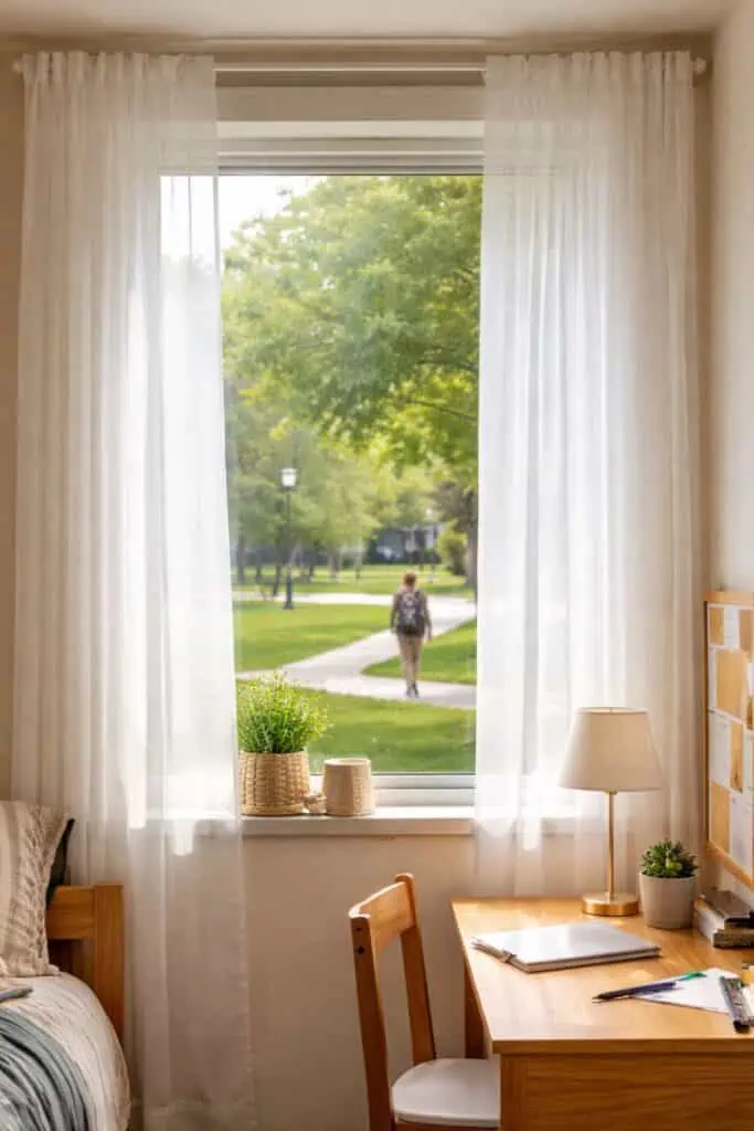 Dorm room with sheer white curtains over a large window, wooden desk and chair by the window overlooking a green campus walkway.