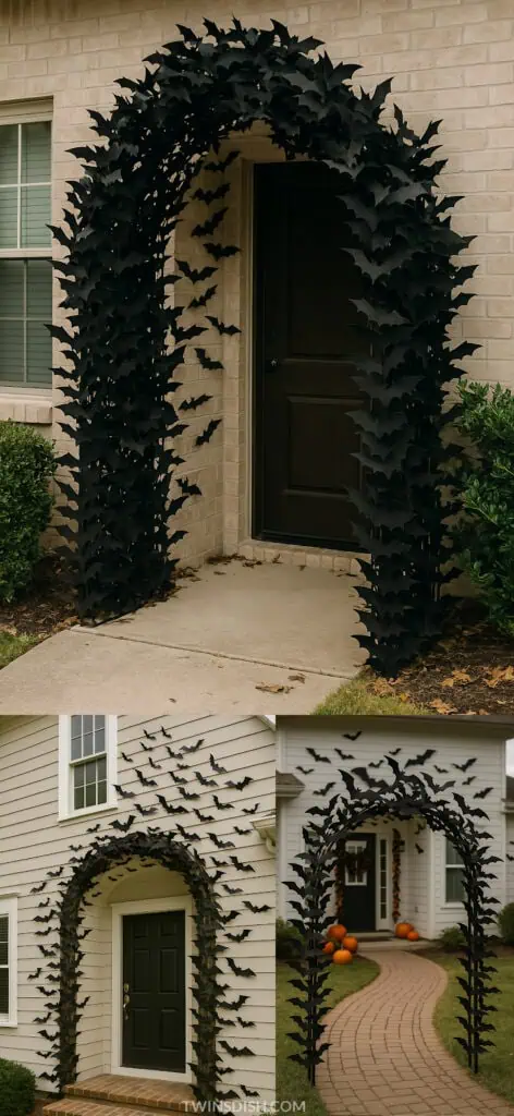 DIY Halloween bat archway decoration framing a front door, with black bat cutouts creating a spooky swarm effect.