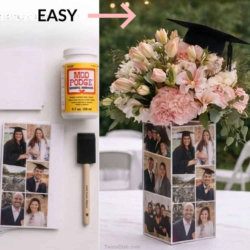 DIY graduation centerpiece using photo collage vase, Mod Podge, and flowers with graduation cap topper