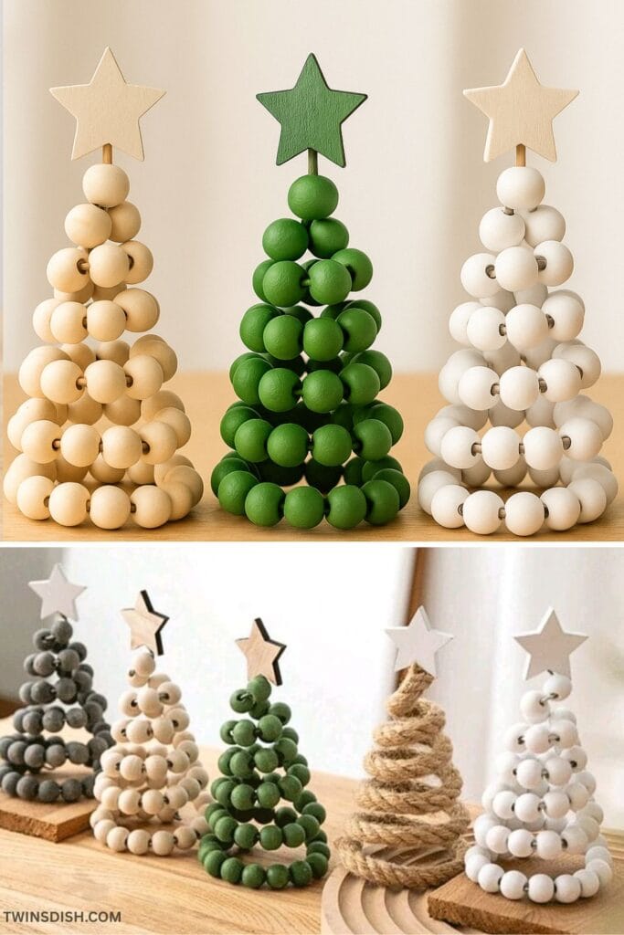 Easy Diy Wood bead Christmas trees and rope Christmas tree table top decoration using Dollar Tree items and wire