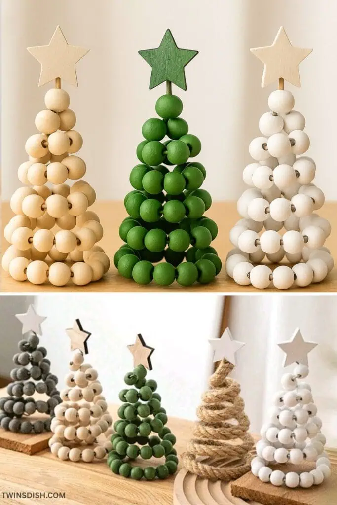 Easy Diy Wood bead Christmas trees and rope Christmas tree table top decoration using Dollar Tree items and wire