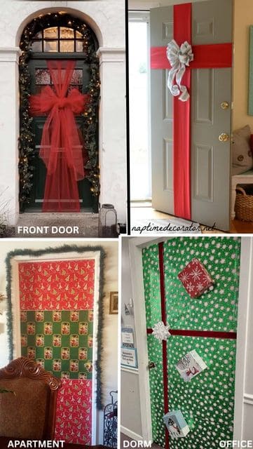 Four creative and festive Christmas door decorating ideas including red tulle bows, indoor front door ribbon wrap, gift wrap with 3D presents, and wrapping paper patchwork for classroom or home.