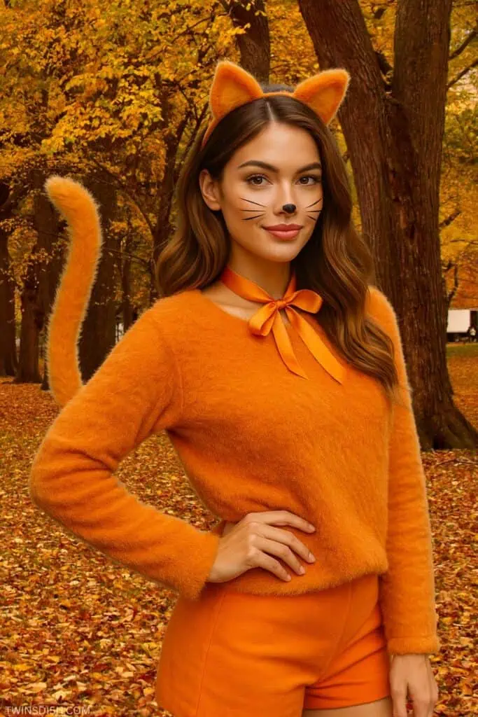 Teenage girl wearing an easy orange cat Halloween costume with ears, tail, and face makeup, styled in a fall forest setting. Perfect for DIY teenage Halloween looks in 2025.