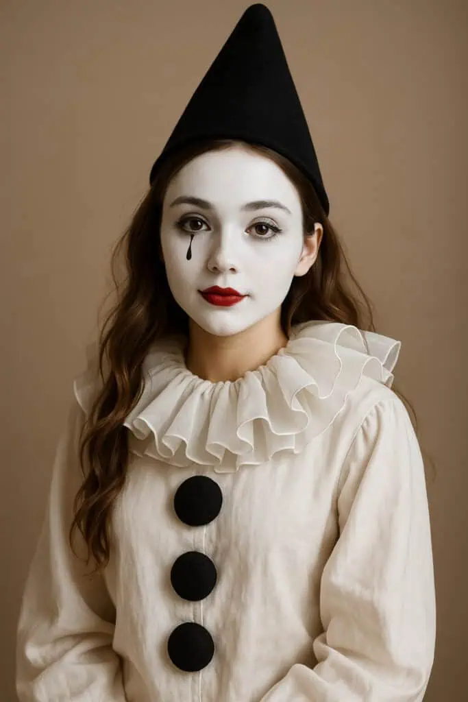 Young woman dressed as a Pierrot clown with a white painted face, black teardrop makeup, red lips, ruffled collar, and black hat — elegant and easy Halloween costume idea.