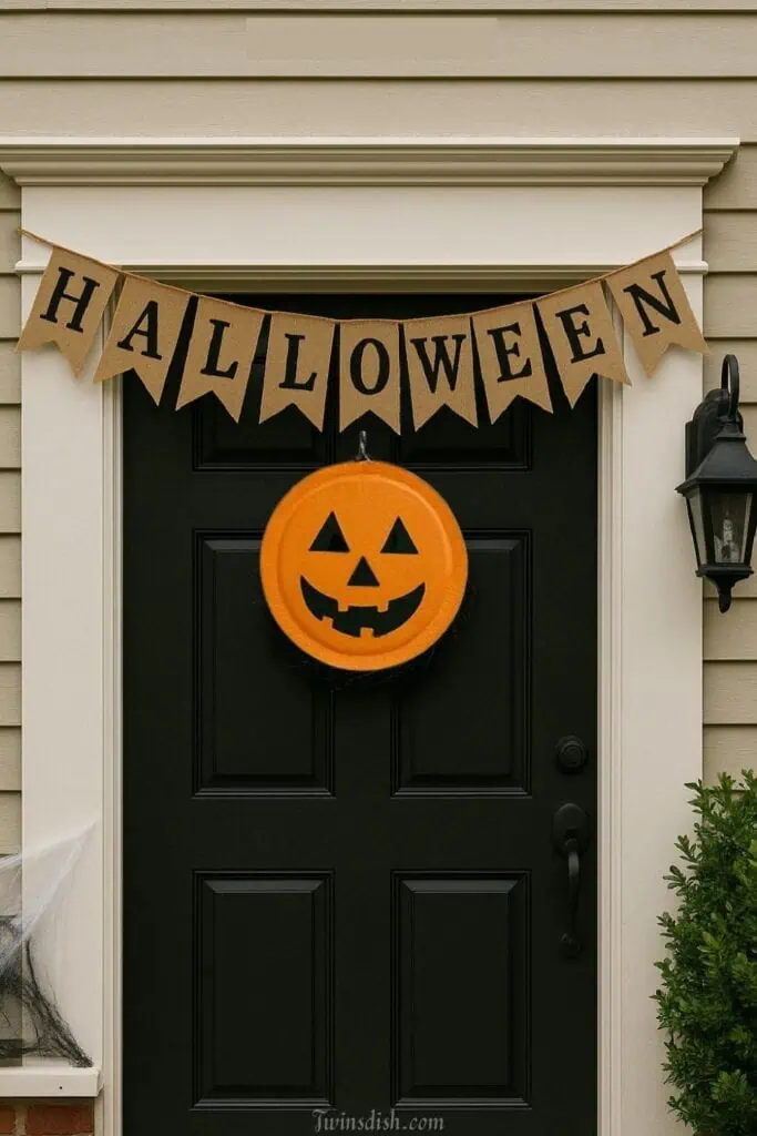 Elegant vintage-style Halloween front porch with a DIY jack-o’-lantern door hanger and a burlap banner. This simple and affordable outdoor Halloween decor idea uses neutral tones and bold contrast to stand out while staying budget-friendly and classic.