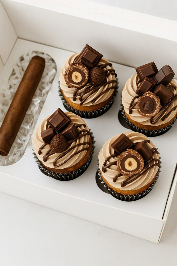 simple easy Father's Day desserts ideas with 4 hazelnut cupcakes topped with chocolate and gold candies in a half dozen cupcake box with a cigar in the remaining 2 cupcake holder slots.
