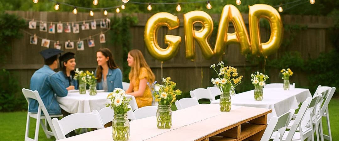 Budget-friendly outdoor graduation party setup with gold GRAD balloons, string lights, mason jar flower centerpieces, pallet table, and photo wall — easy DIY decor ideas perfect for a free grad party in 2025.