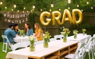 Budget-friendly outdoor graduation party setup with gold GRAD balloons, string lights, mason jar flower centerpieces, pallet table, and photo wall — easy DIY decor ideas perfect for a free grad party in 2025.
